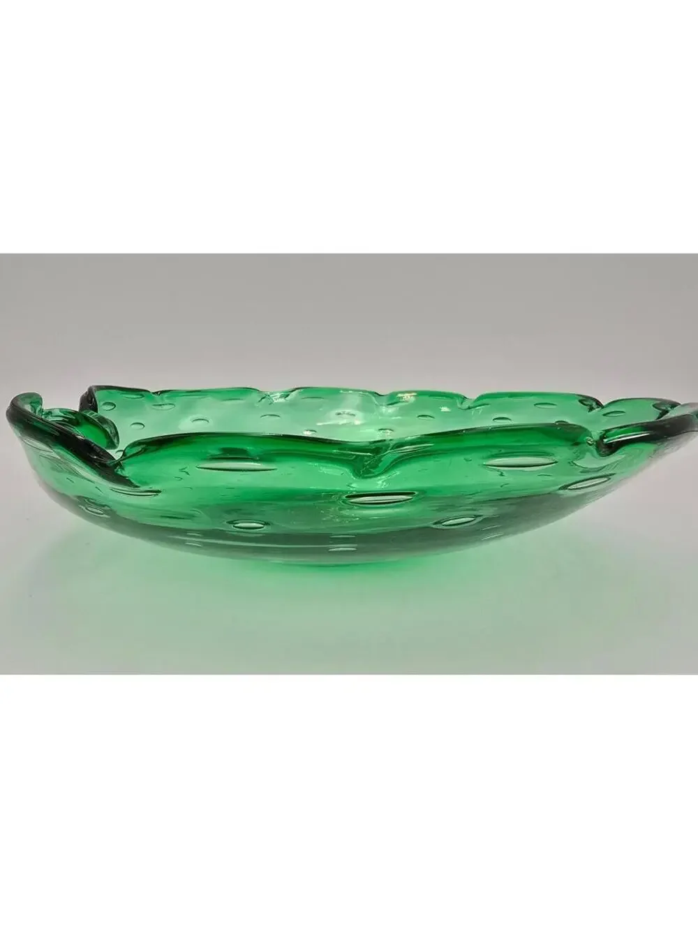 Vintage Green Controlled Bubble Art Glass Bowl Murano Style Scalloped Candy Dish